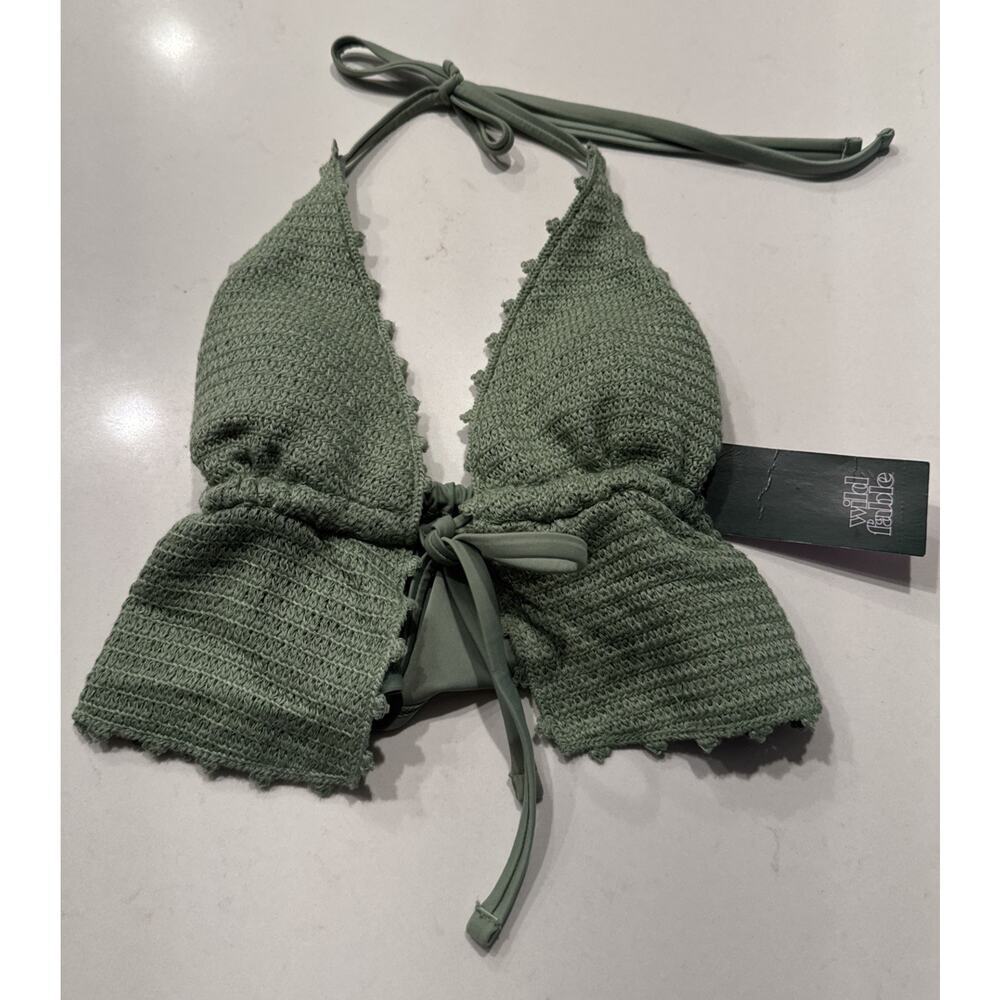 Wild Fable Green Crochet Bikini Top Women’s Size XXS Tie Front‎ Longline Halter